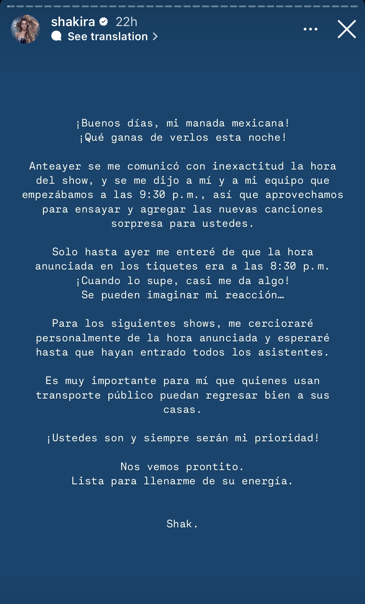 Shakira se disculpó con el público de México por iniciar su show dos horas tarde