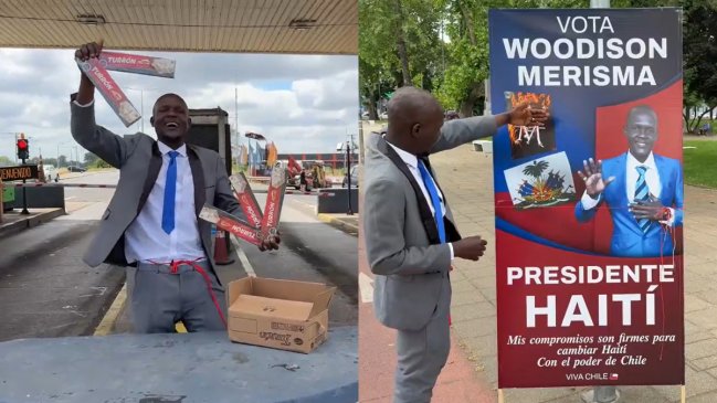 Haitiano que vende turrones, con su campaña a la presidencia de Haití.