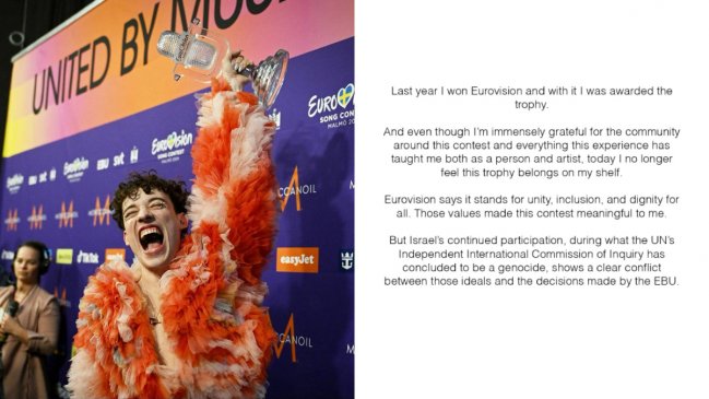 Artista suizo devuelve trofeo de Eurovisión en rechazo a participación israelí