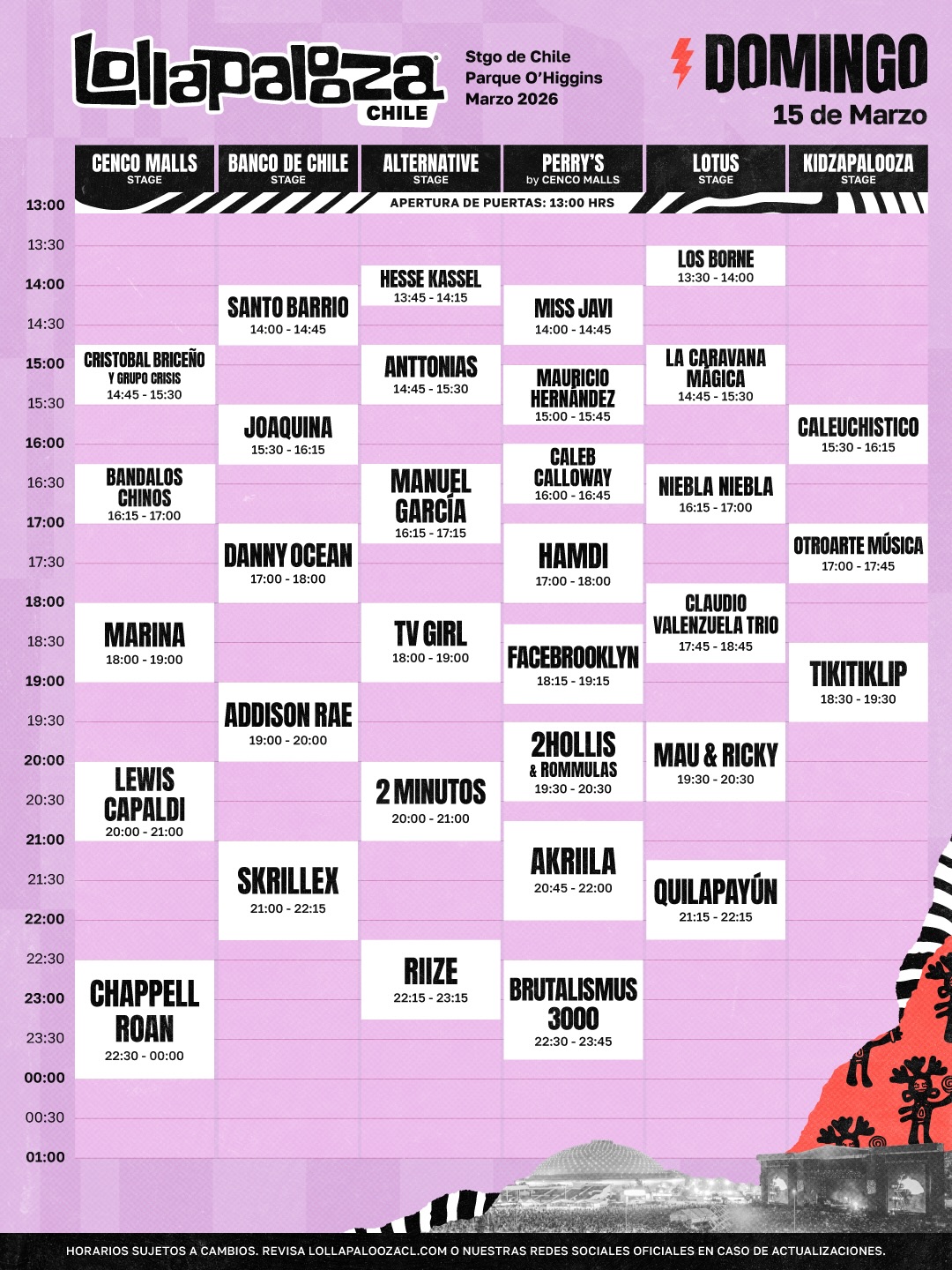 Lollapalooza Chile 2026: Estos son los horarios del día domingo Lollapalooza Chile 2026: Estos son los horarios del día domingo