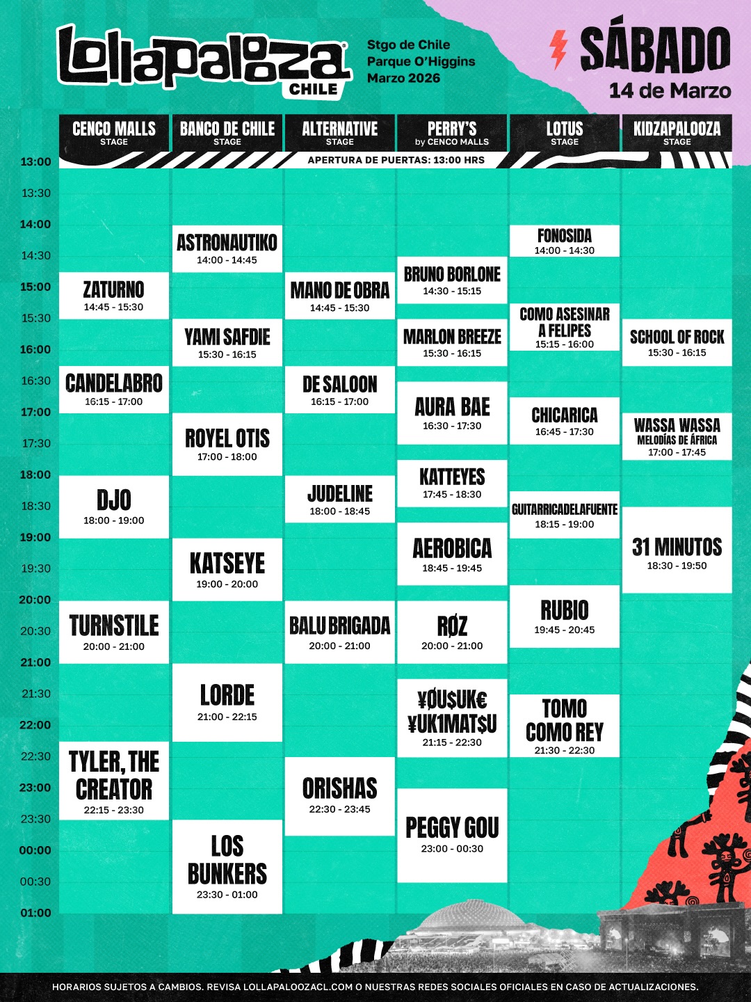 Lollapalooza Chile 2026: Estos son los horarios del día sábado Lollapalooza Chile 2026: Estos son los horarios del día sábado