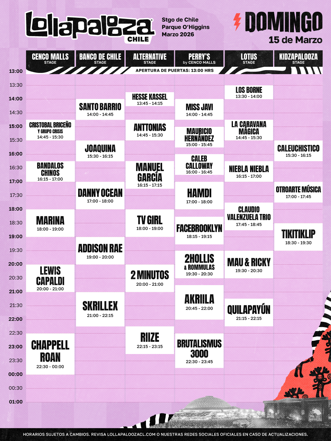 Lollapalooza Chile 2026: Estos son los horarios del domingo 15